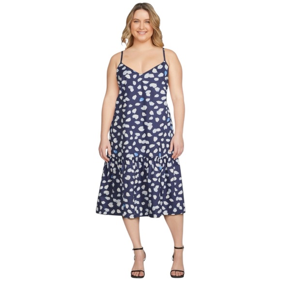 Scoop NYC Blue and White Bow Back Midi‎ Dress - Picture 1 of 13